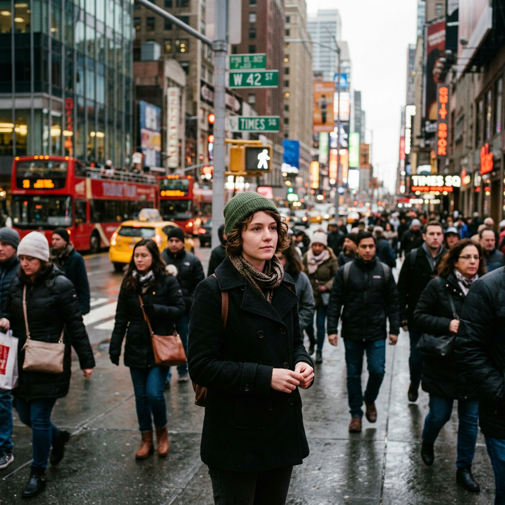 Woman walking among commuters on rainy W 42 ST near Times Square; signs read W 42 ST and TIMES SQ